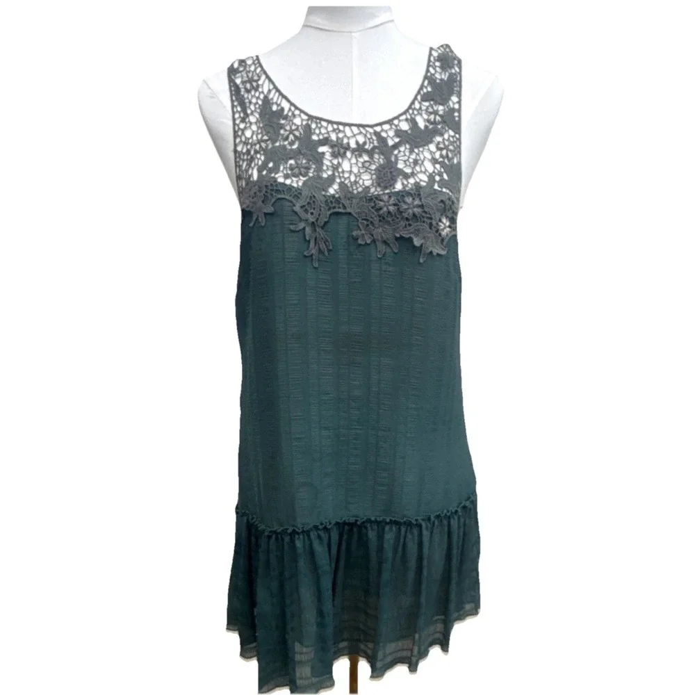Free People Teal Lace Trim Drop Waist Mini Dress Small Boho Sleeveless Tunic